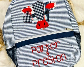 Toddler Boy Seersucker Backpack - Personalized School Bag, Book Bag, cow applique, diaper bag, farmhouse, Preschool bookbag, Best Seller