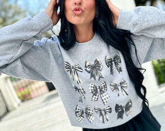 Black And White Bow DTF Sweatshirt, Trendy Sweatshirt, Cutesy Graphic Tee, Best Seller Graphic Sweatshirt