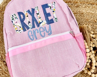 IN STOCK! Seersucker Backpack - Personalized School Bag, Book Bag, Name applique, diaper bag, Farmhouse, Preschool Bookbag, Best Seller