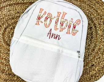 IN STOCK! Seersucker Backpack - Personalized School Bag, Book Bag, Name applique, diaper bag, Farmhouse, Preschool Bookbag, Best Seller