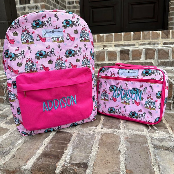 Jane Marie Princess Print Backpack- Personalized Book Bag, Name applique, diaper bag, Farmhouse, Preschool Bookbag, Best Seller Girl Bag