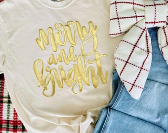 Merry & Bright Puff Vinyl Graphic Tee, Christmas, Festive Tee, Holiday Tees, Christmas Wear, Holiday, Christmas