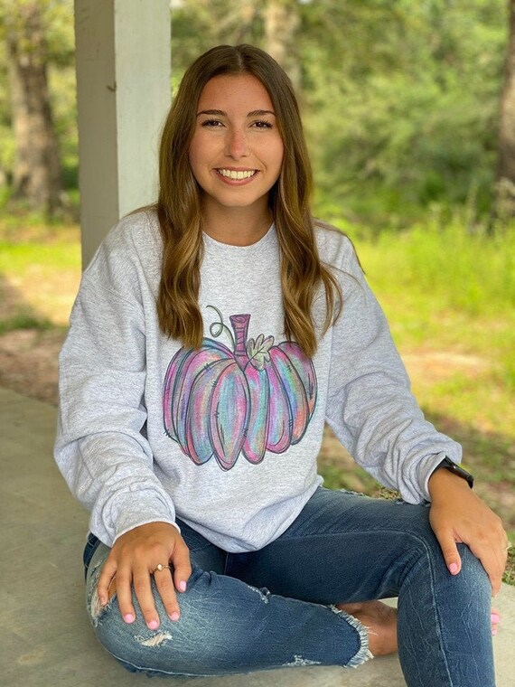 Buy Big Watercolor Sublimation Sweatshirt, Fall Rainbow Pumpkin