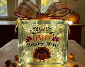 Thanksgiving Lighted Glass Block | Harvest Nightlight