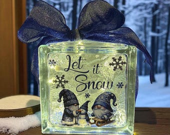 Blue Holiday Gnomes Lighted Glass Block | Gnomes Christmas Decor