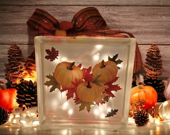 Thanksgiving Lighted Glass Block, Harvest Nightlight, Holiday Glass Block, Thanksgiving Decor, Fall Nightlight, Pumpkin Decoration