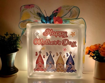 Mother's Day Gnomes Lighted Glass Block