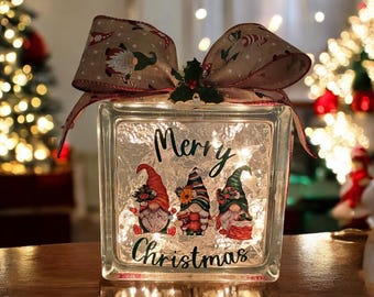 Christmas Gnomes Lighted Glass Block | Holiday Night Light