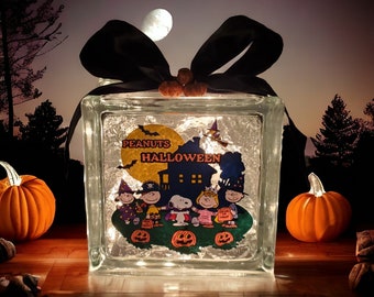 May include: A glass block with a Peanuts Halloween design. The block features a house with a lit window, a moon, bats, and the Peanuts characters dressed in Halloween costumes. The text "Peanuts Halloween" is printed on the block.