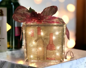 WINE Theme Lighted Glass Block Nightlight, Wine Lover's Decor, Housewarming Gift