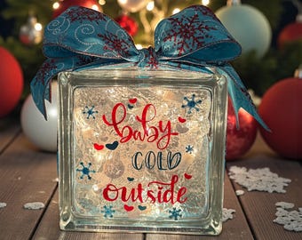 Christmas Lighted Glass Block | Turquoise, Blue and White Holiday Decor