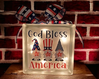 Gnomes 4th of July Decoration | Patriotic Lighted Glass Block