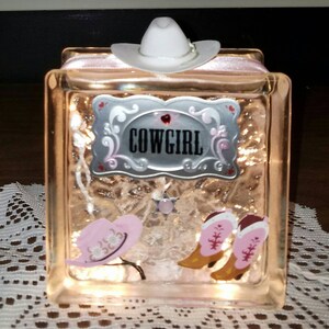 Kids Nightlight, Girl&#39;s Country Western Lighted Glass Block Nightlight, Cowgirl Light & Decor with Pink Accents