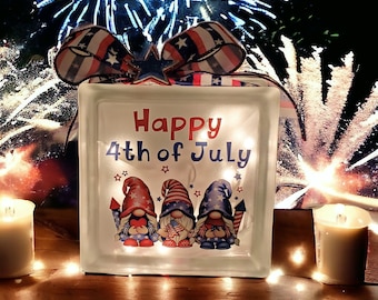 Gnomes 4th of July Decoration | Patriotic Lighted Glass Block