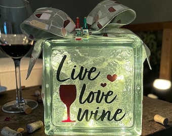 WINE Theme Lighted Glass Block Nightlight, Wine Lover's Decor, Housewarming Gift