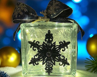 Christmas Lighted Glass Block | Blue and Gold Snowflake Decor