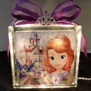 May include: A glass block light with a purple ribbon and a silver tiara on top. The block features a picture of a princess with a castle in the background.