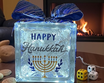Hanukkah Lighted Glass Block | Hanukkah Ceramic Tile Sign