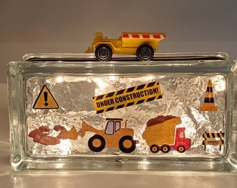 CONSTRUCTION Theme Lighted Glass Block | Construction Truck Nightlight