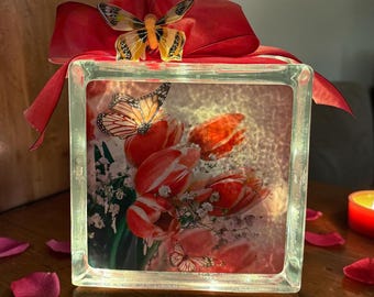 Butterfly Tulips Lighted Glass Block Nightlight, Spring Decor