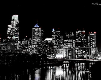 Philadelphia horizonte negro, blanco, azul, rojo - fotografía - arte urbano - urbano de Philadelphia