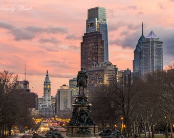 Puesta de sol sobre Ben Franklin Parkway - fotografía de Philadelphia - fina de la pared arte - impresión urbana