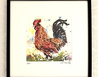 Framed Rooster Watercolor Print: Farmhouse Kitchen Decor