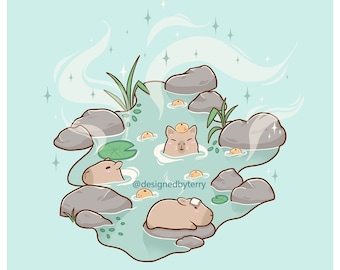 Capybara Onsen Art Print | 5" x 5" | Postcard | Pastel Art | Kawaii