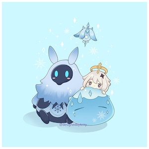 Impression d'art Genshin Impact Winter 5 x 5 po | postale | Carte de Noël | Carte Pour Les Fêtes | Art au pastel | Kawaii