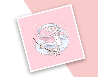 Sakura Tea Art Print | 5" x 5" | 8" x 8" | Postcard | Pastel Art | Kawaii