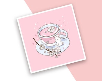 Sakura Tea Art Print | 5" x 5" | 8" x 8" | Postcard | Pastel Art | Kawaii