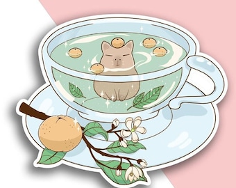 Capybara Tea Die Cut Sticker | Pastel Art | Kawaii | Bujo Sticker | Laptop Decal