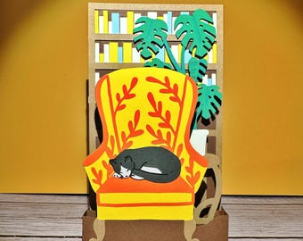 Cozy Cat in Living Room Pop Up Card