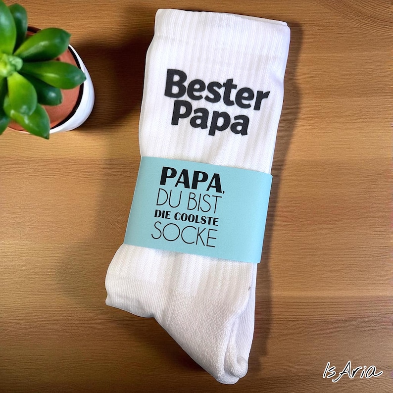 May include: White socks with the text "Bester Papa" and "Papa, Du bist die coolste Socke" in black. A light blue band wraps around the socks. A small potted succulent plant is in the upper left corner.