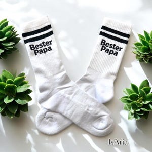 May include: White socks with black stripes at the top and the words "Bester Papa" printed in black. The socks are displayed on a white surface, with green succulent plants in the background.
