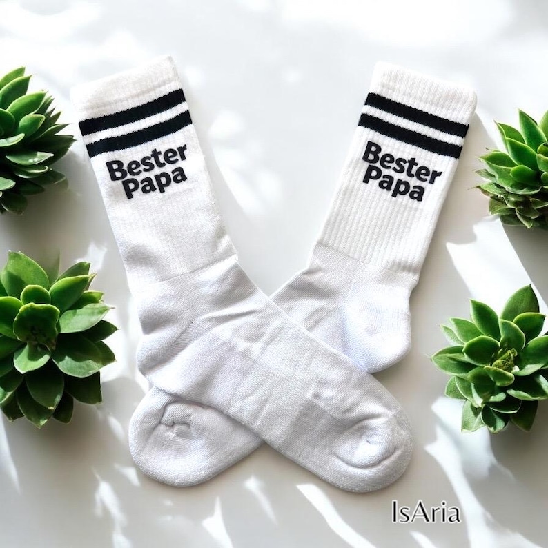 May include: White socks with black stripes at the top and the words "Bester Papa" printed in black. The socks are displayed on a white surface, with green succulent plants in the background.