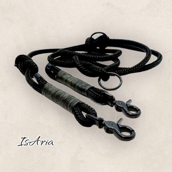 Collar/rope leash 2 m - 3 m long ”Black-Beauty“ 3-way adjustable