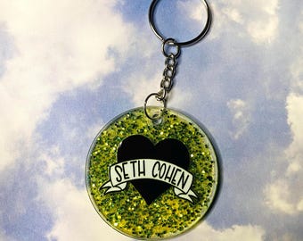 Seth Cohen Heart Green Glitter Acrylic Circle Keychain
