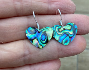 Stunning large sterling silver and rare Blue Paua Shell heart shape drop earrings.