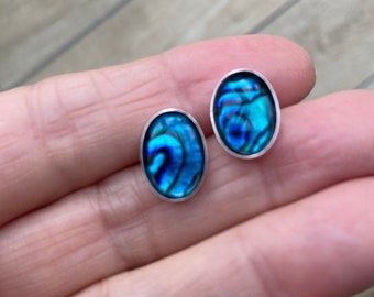 Beautiful large sterling silver and rare Blue Paua Shell oval earrings.