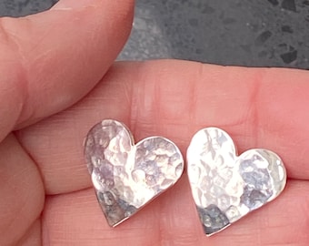 Solid silver large handmade textured heart earrings