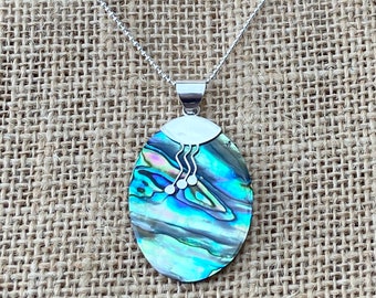 Sterling Silver large unusual Paua shell pendant inc.sterling silver chain.