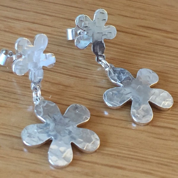 Large solid silver double daisy drop earrings