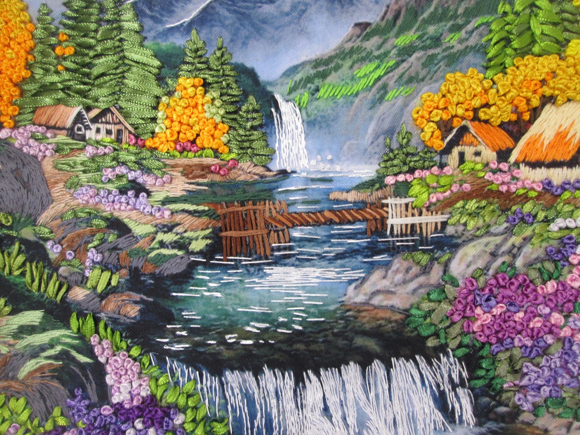 Hand embroidery with ribbons mountain landscape  etsy Hand embroidery with ribbons mountain landscape  etsy