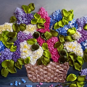 Hand Embroidered bouquet  &quot;A bouquet of lilacs in a basket&quot;  Silk Ribbon Embroidery - 3D Effect - Hand embroidered -  NOT FRAMED