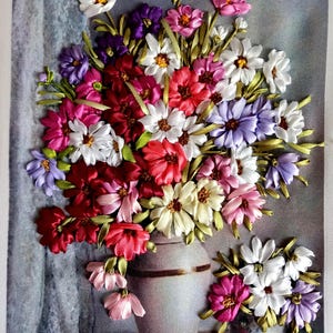 Hand Embroidered  &quot;Cheerful Summer Bouquet&quot;   Silk Ribbon Embroidery - 3D Effect - Hand embroidered -  NOT FRAMED