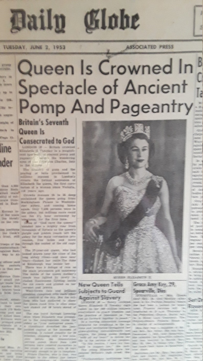 1953 Vintage Newspaper Queen Elizabeth II Crowned Etsy