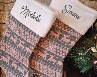 Personalised Embroidered Christmas Stockings - Nordic Pink Grey Reindeer Knit Christmas Stockings