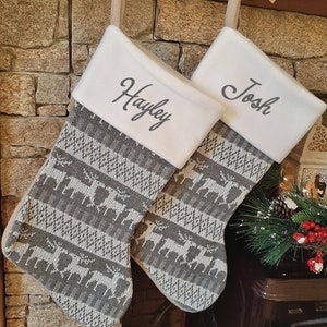 Personalised Embroidered Christmas Stockings - Nordic Silver Reindeer Knit Christmas Stockings