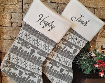 Personalised Embroidered Christmas Stockings - Nordic Silver Reindeer Knit Christmas Stockings
